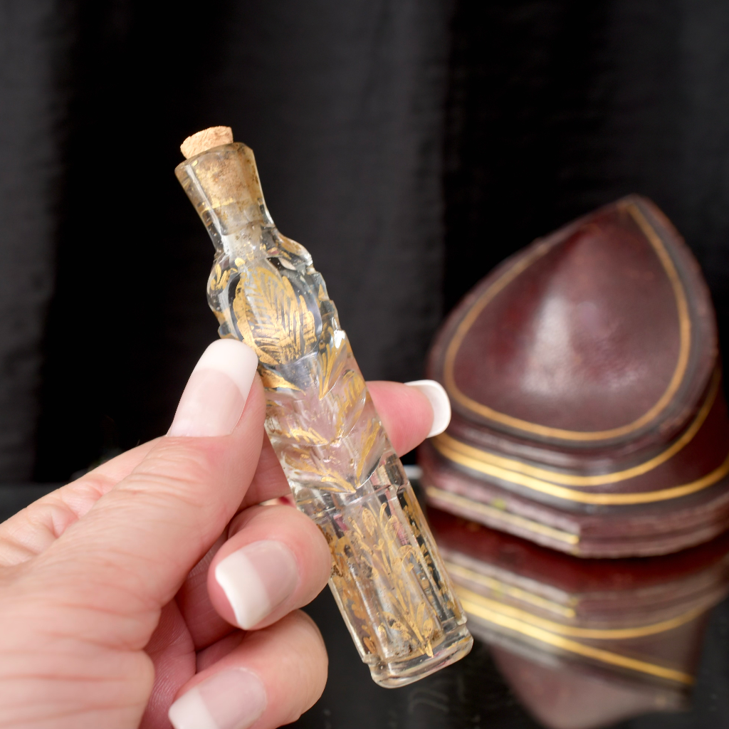 Antique Georgian ’Throwaway’ Laydown Blown Glass Enamel Gilded Perfume Bottle Circa 1800 - 1850