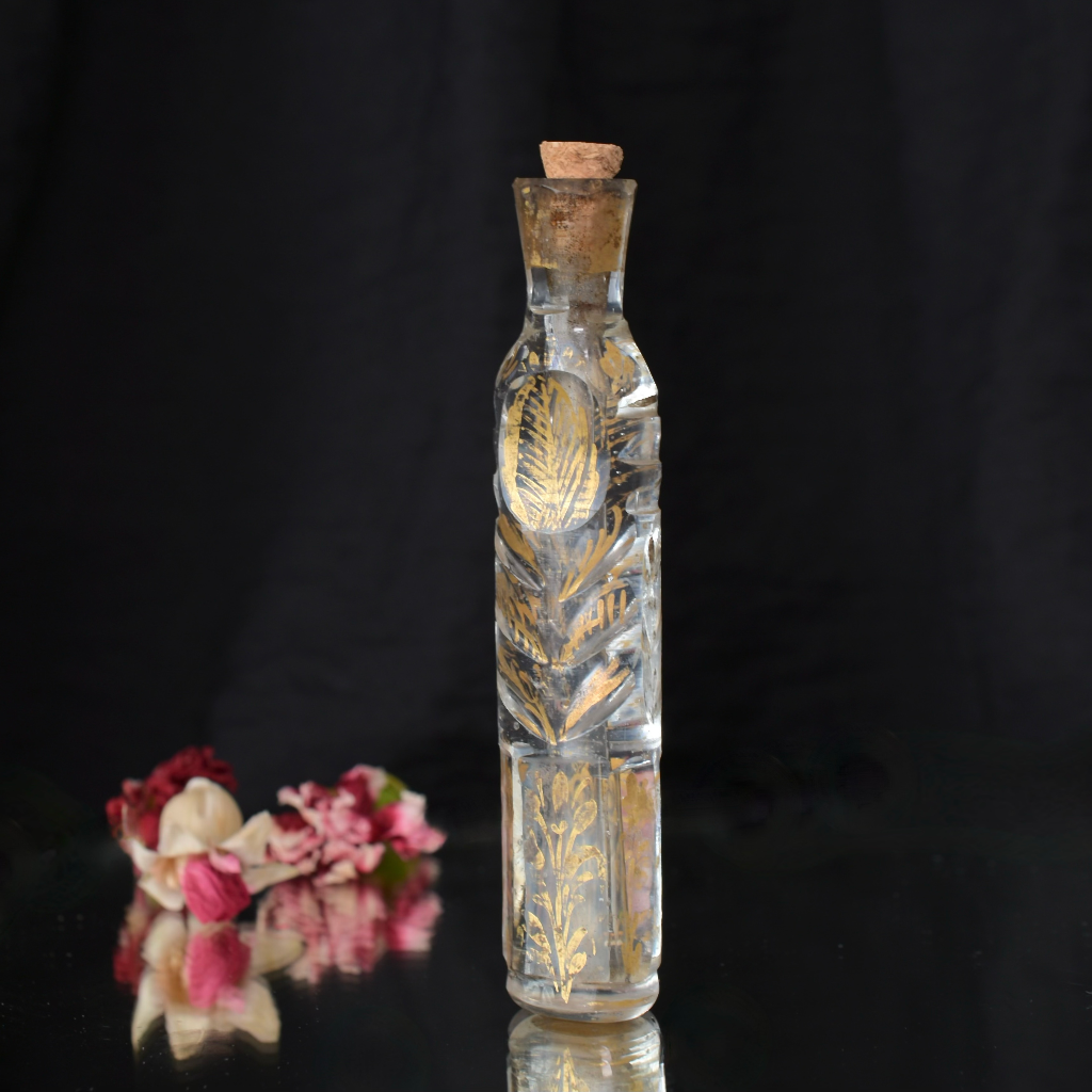 Antique Georgian ’Throwaway’ Laydown Blown Glass Enamel Gilded Perfume Bottle Circa 1800 - 1850