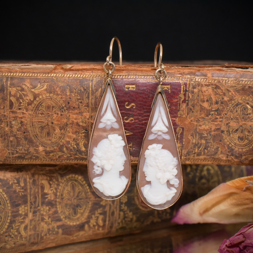 Antique Victorian 9ct Rose Gold Shell Cameo Earrings Circa 1880-1890