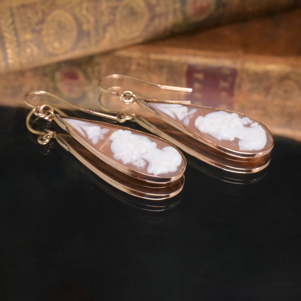 Antique Victorian 9ct Rose Gold Shell Cameo Earrings Circa 1880-1890