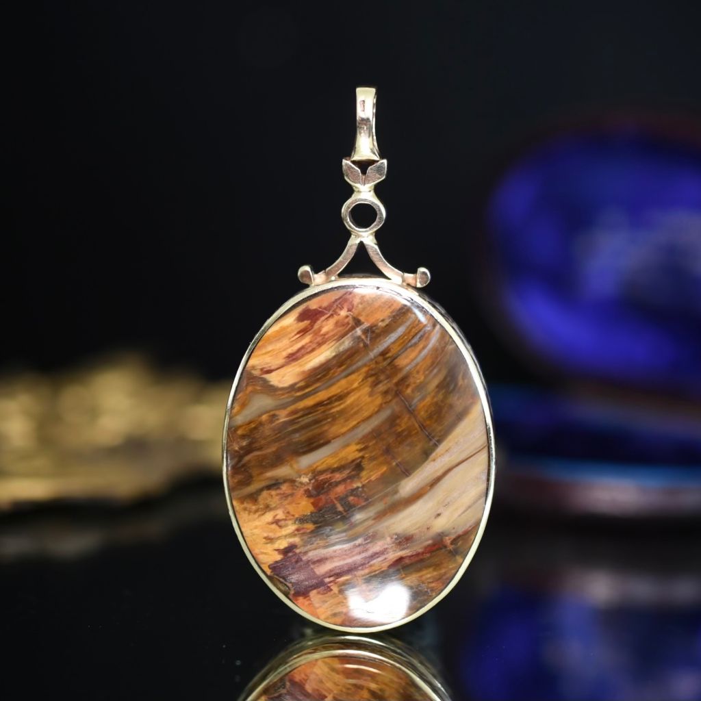 Vintage 9ct Yellow Gold Lapis Lazuli And Tiger Eye Pendant