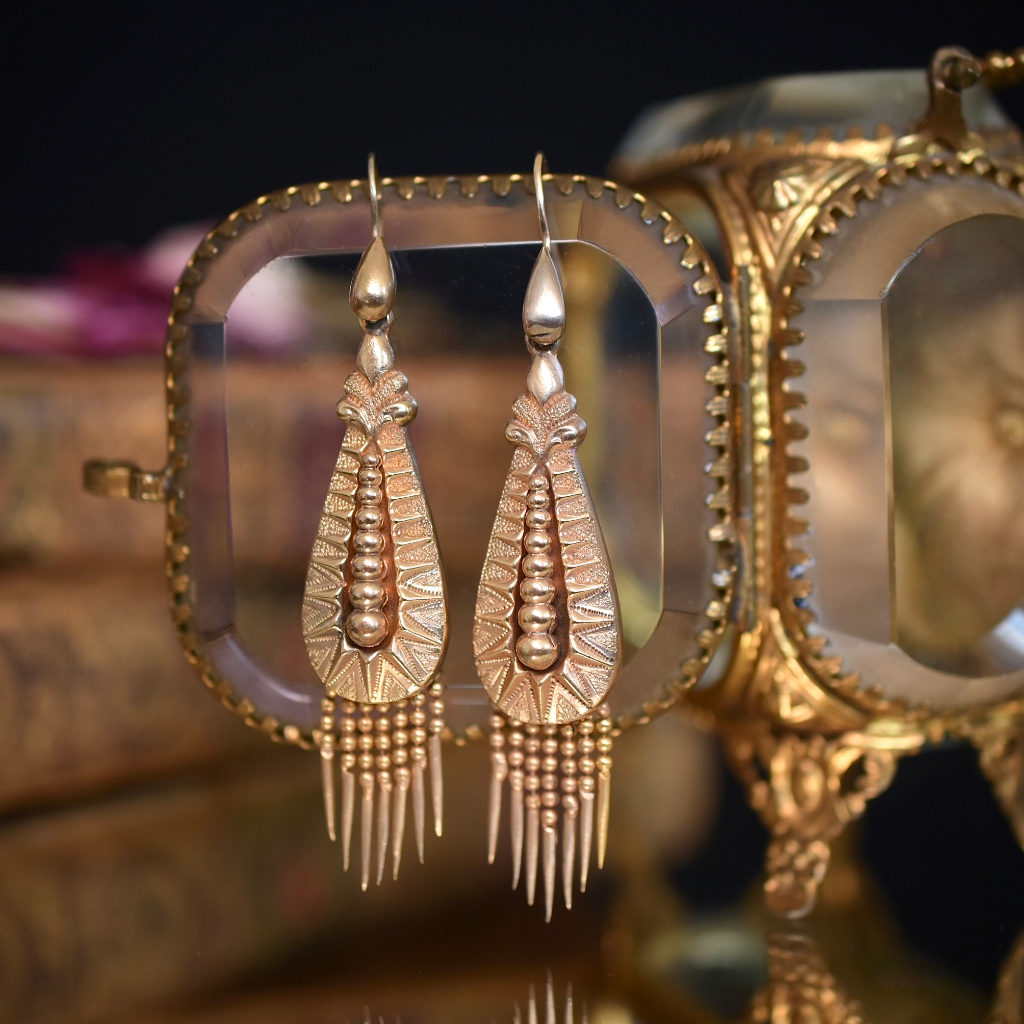 Antique Victorian Gilt Metal Etruscan Revival Drop Earrings Circa 1880