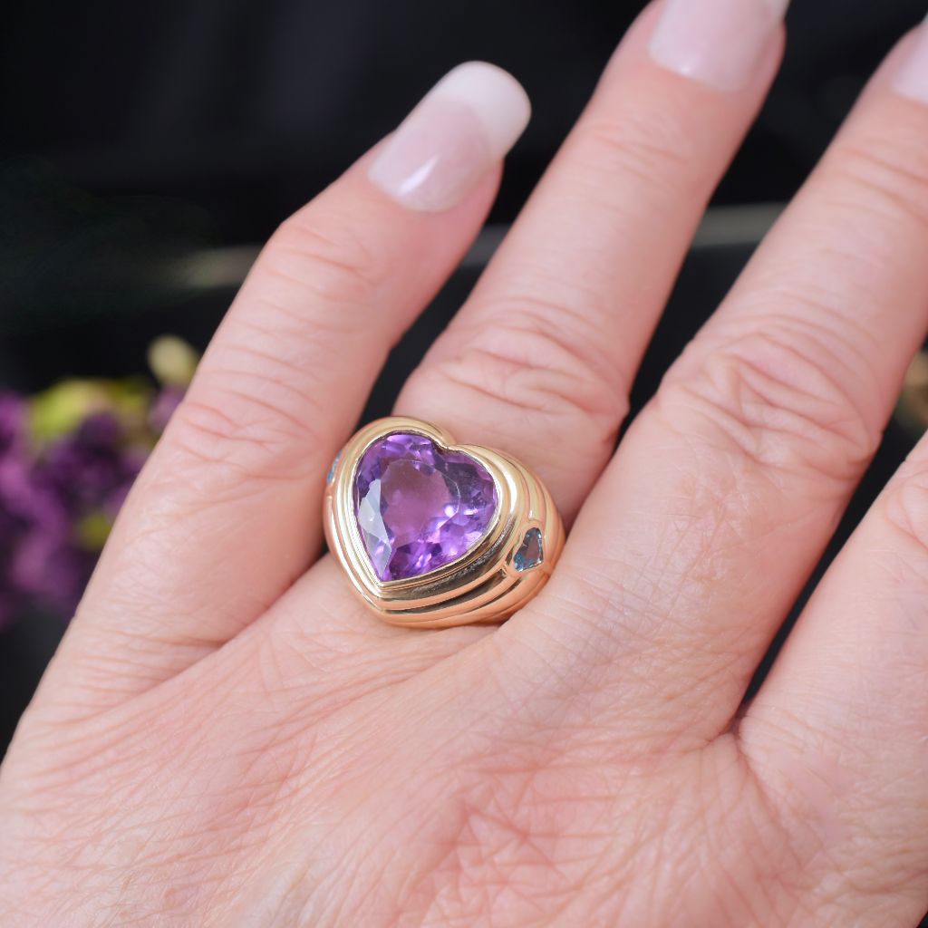 Modern 14ct Yellow Gold Heart-Cut Amethyst and Topaz Ring