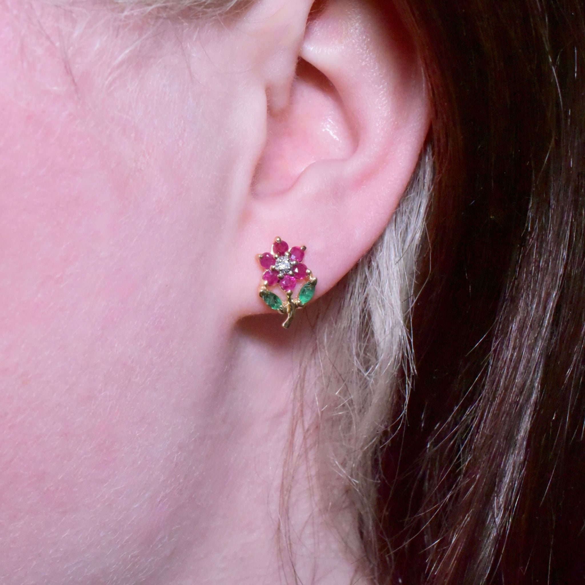 Contemporary 14ct Yellow Gold Diamond, Ruby And Emerald ‘Daisy’ Earrings