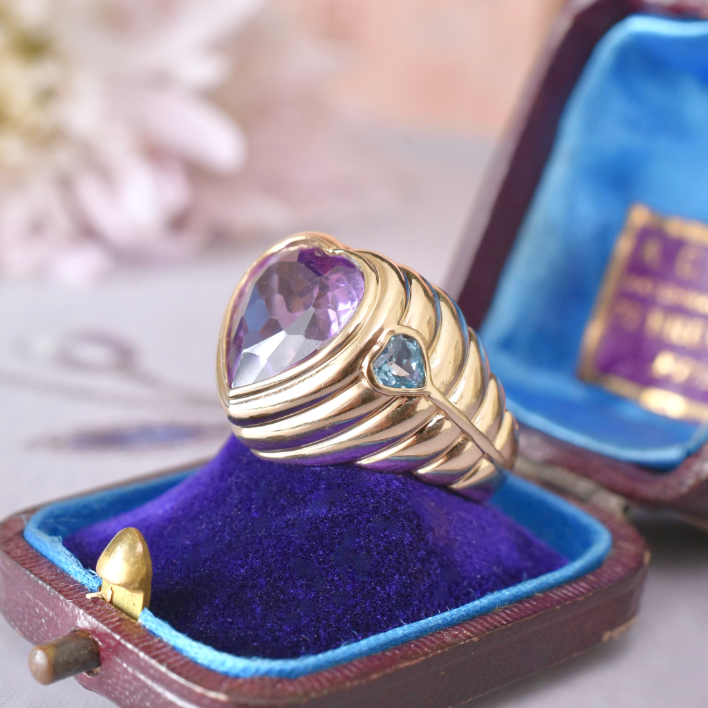 Modern 14ct Yellow Gold Heart-Cut Amethyst and Topaz Ring