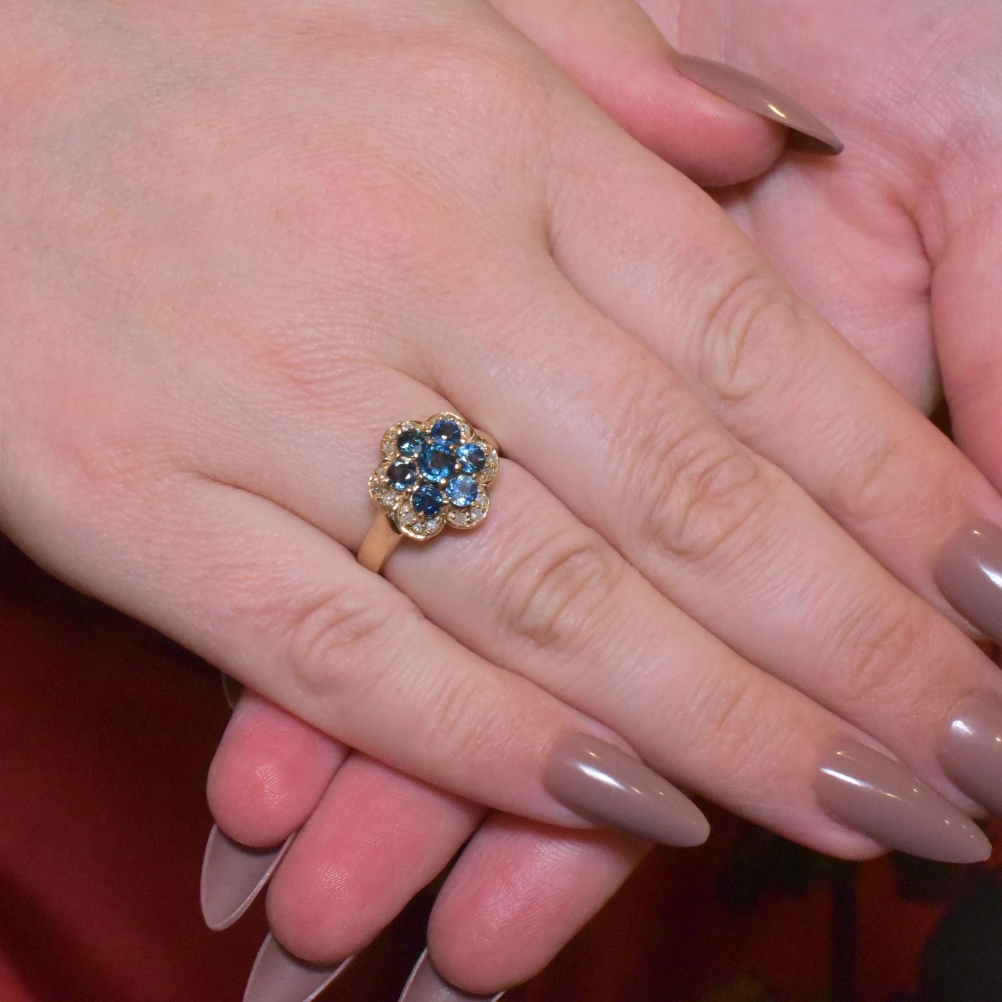 Modern 9ct Yellow Gold Sapphire And Diamond Daisy Cluster Ring