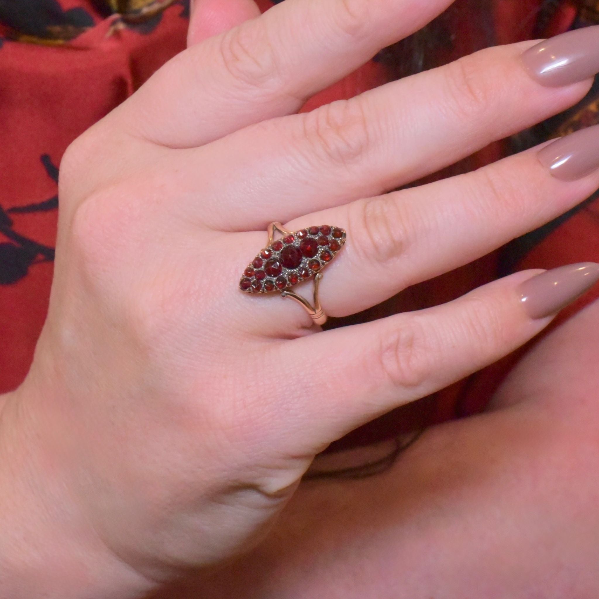 Antique 9ct Rose Gold Bohemian Garnet Navette Ring Circa 1900-1910