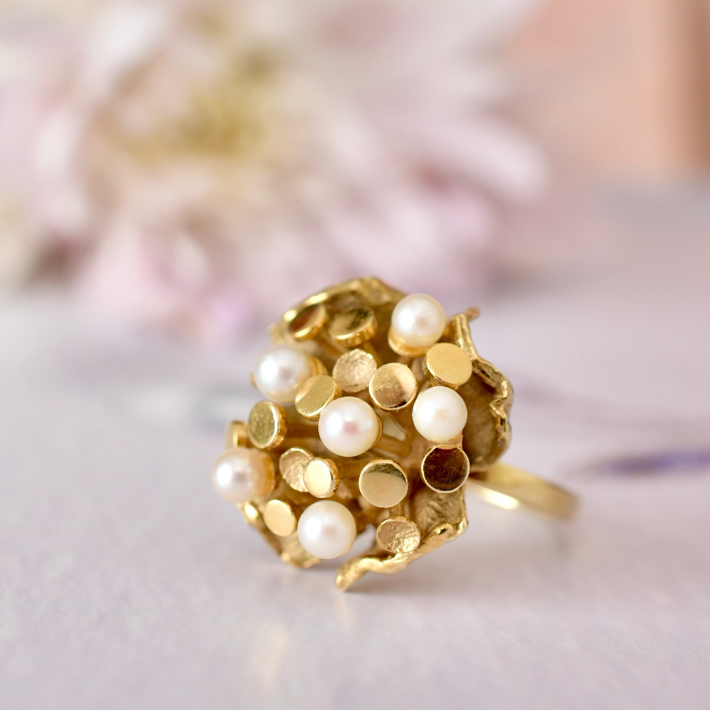 Vintage 14ct Yellow Gold Pearl ‘Abstract Floral’ Ring