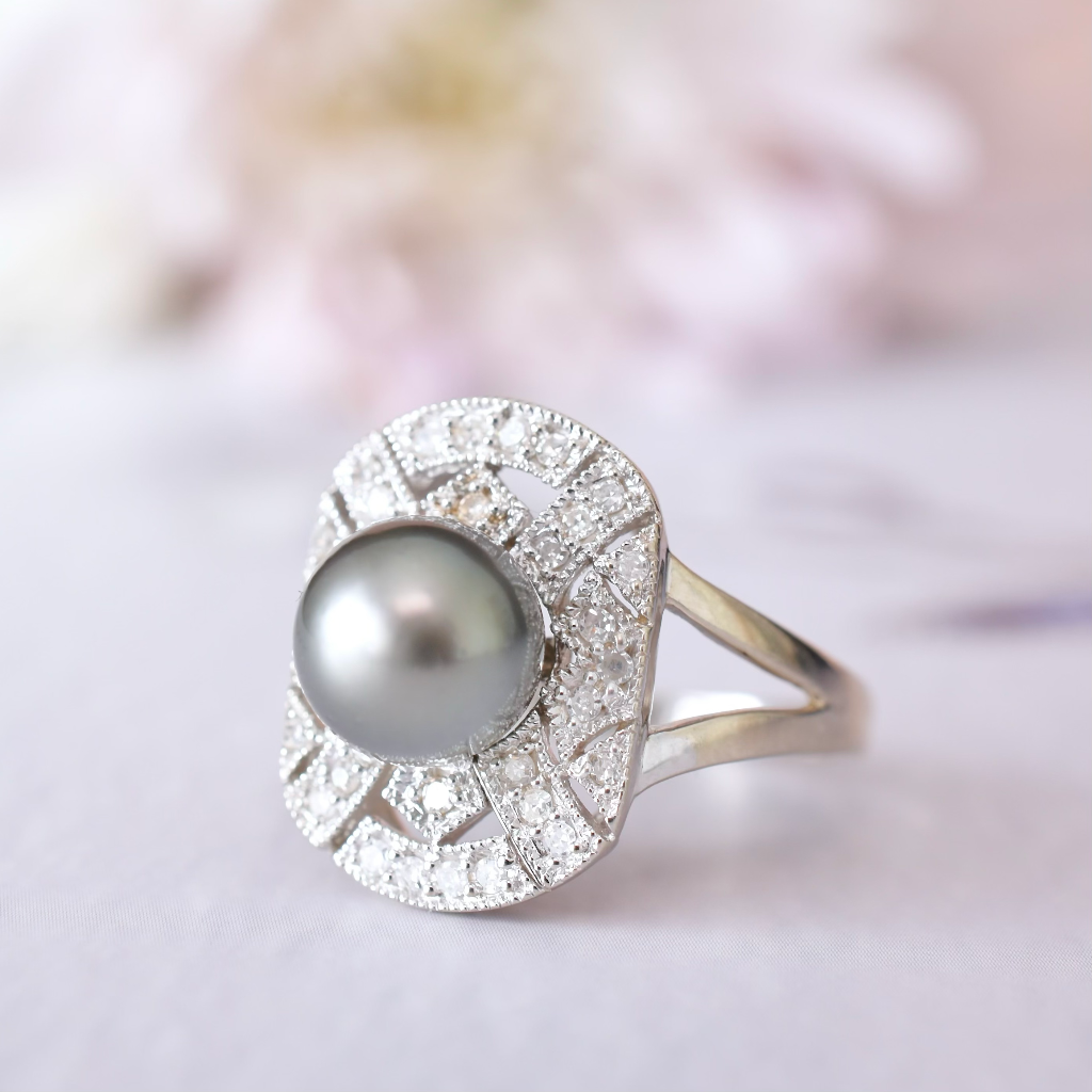 Modern 14ct White Gold Tahitian Pearl And Diamond Ring