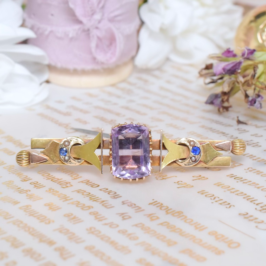 Antique Australian 15ct Rose Gold Amethyst And Seed Pearl Brooch By Aronson & Co Circa 1905-15