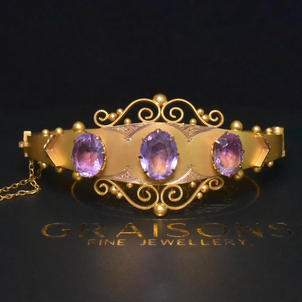 Antique Edwardian Australian 9ct Gold And Amethyst Bangle By Aronson And Co. - Circa 1900-1910