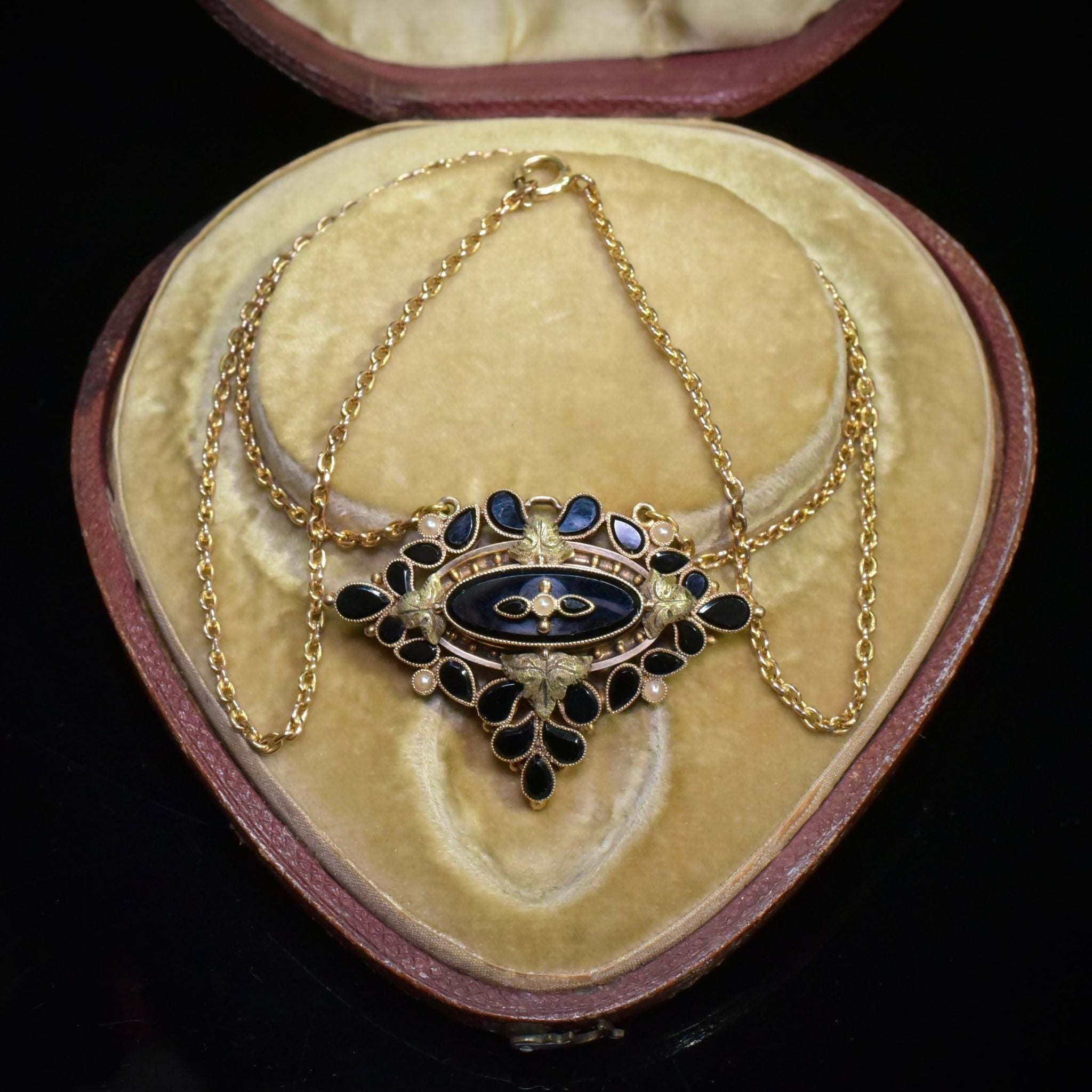 Antique Victorian 15ct (And 9ct) Onyx Pendant/Brooch Necklace Circa 1880-90