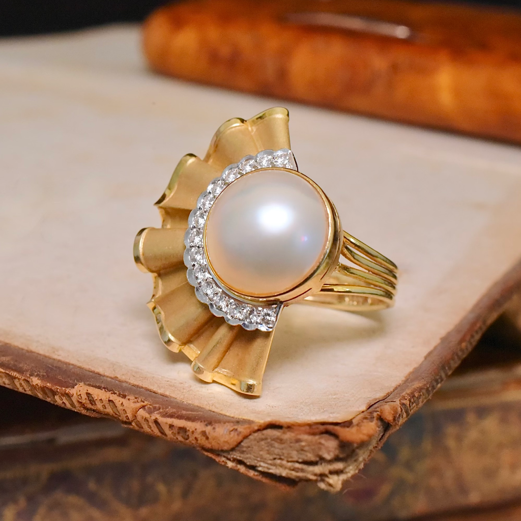 Vintage Retro Era 14ct Yellow Gold Diamond & Mabe Pearl Ring circa 1950-60’s