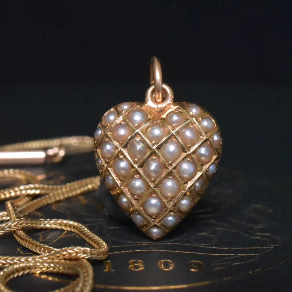 Antique Edwardian Australian 9ct Rose Gold Puffed Heart Pearl Pendant And Original 9ct Gold Chain - Circa 1910-15