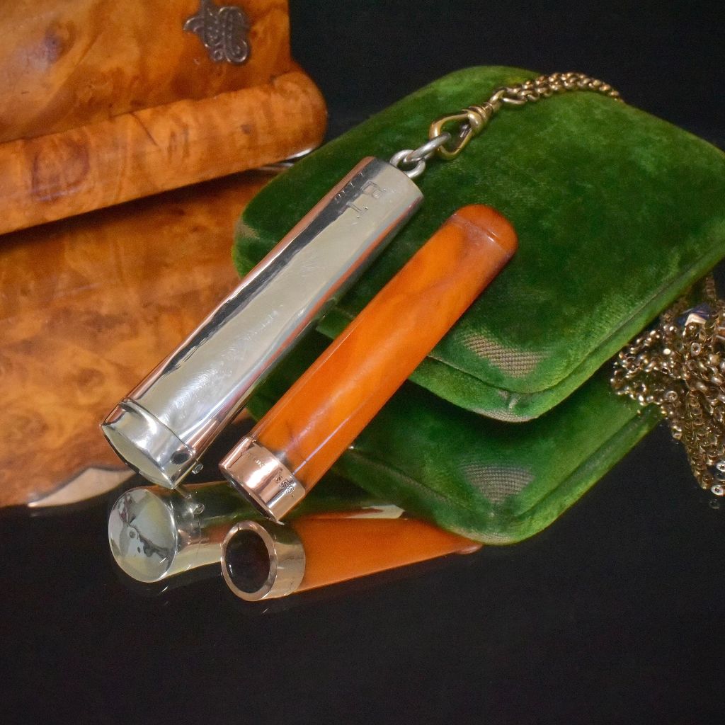 Antique Edwardian Sterling Silver And 9ct Gold Amber Cheroot Case And Holder - 1908