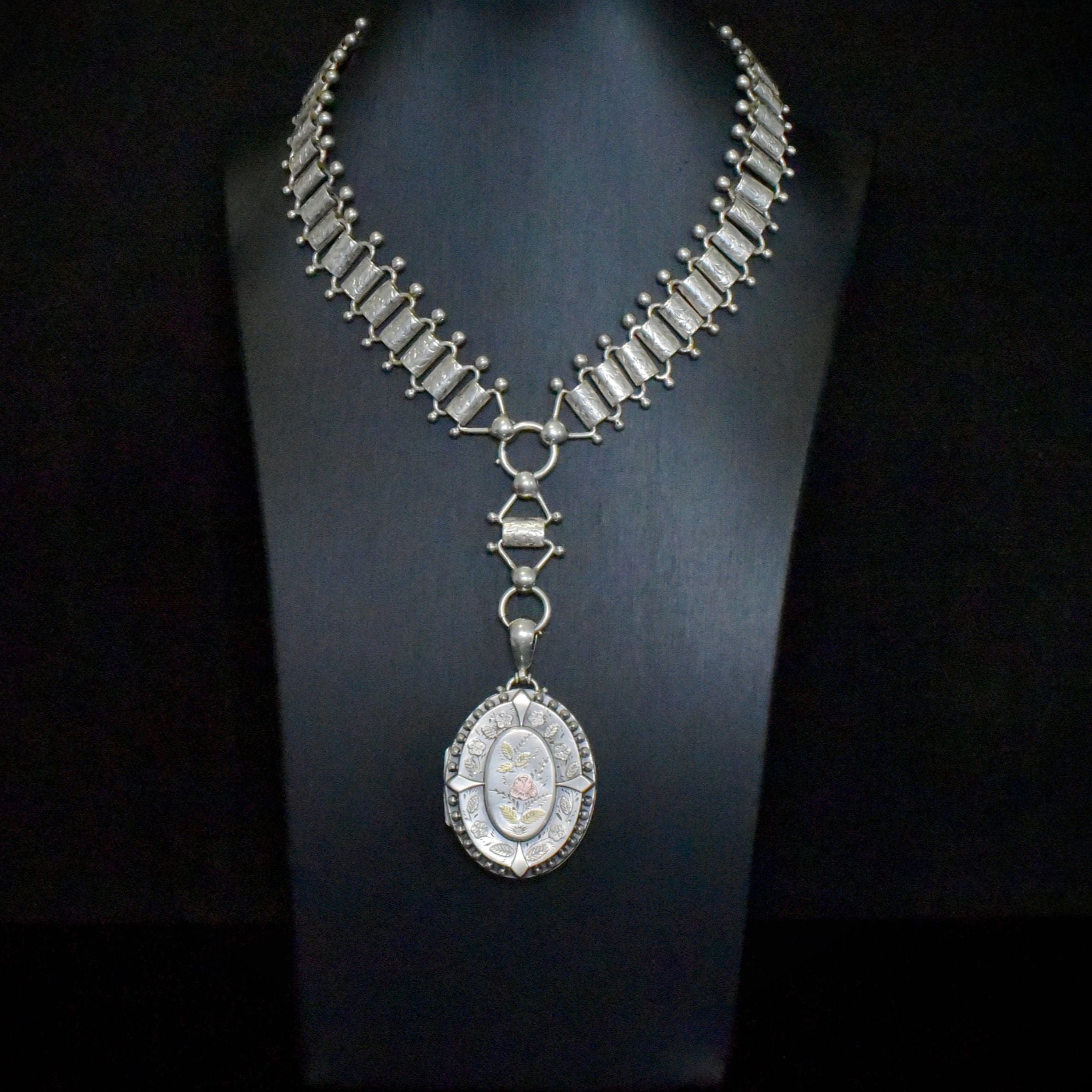 Superb Antique Victorian Sterling Silver Locket & Book-Chain - Constantine & Floyd, Birmingham 1882