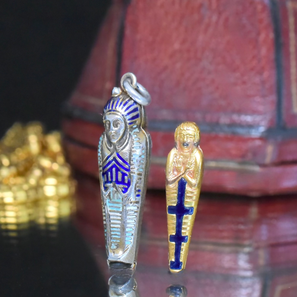 Antique Art Deco Silver And Enamel Egyptian Sarcophagus And Mummy Pendant/Charm