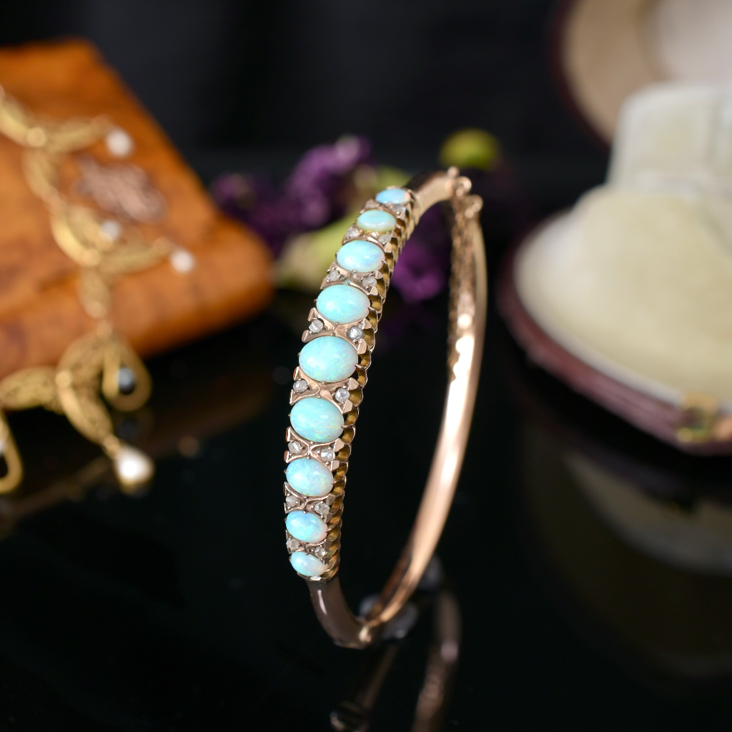 Antique Australian Edwardian 9ct Rose Gold Solid Opal And Diamond Bangle Circa 1900 Independent Valuation Included In Purchase For $6000 AUD