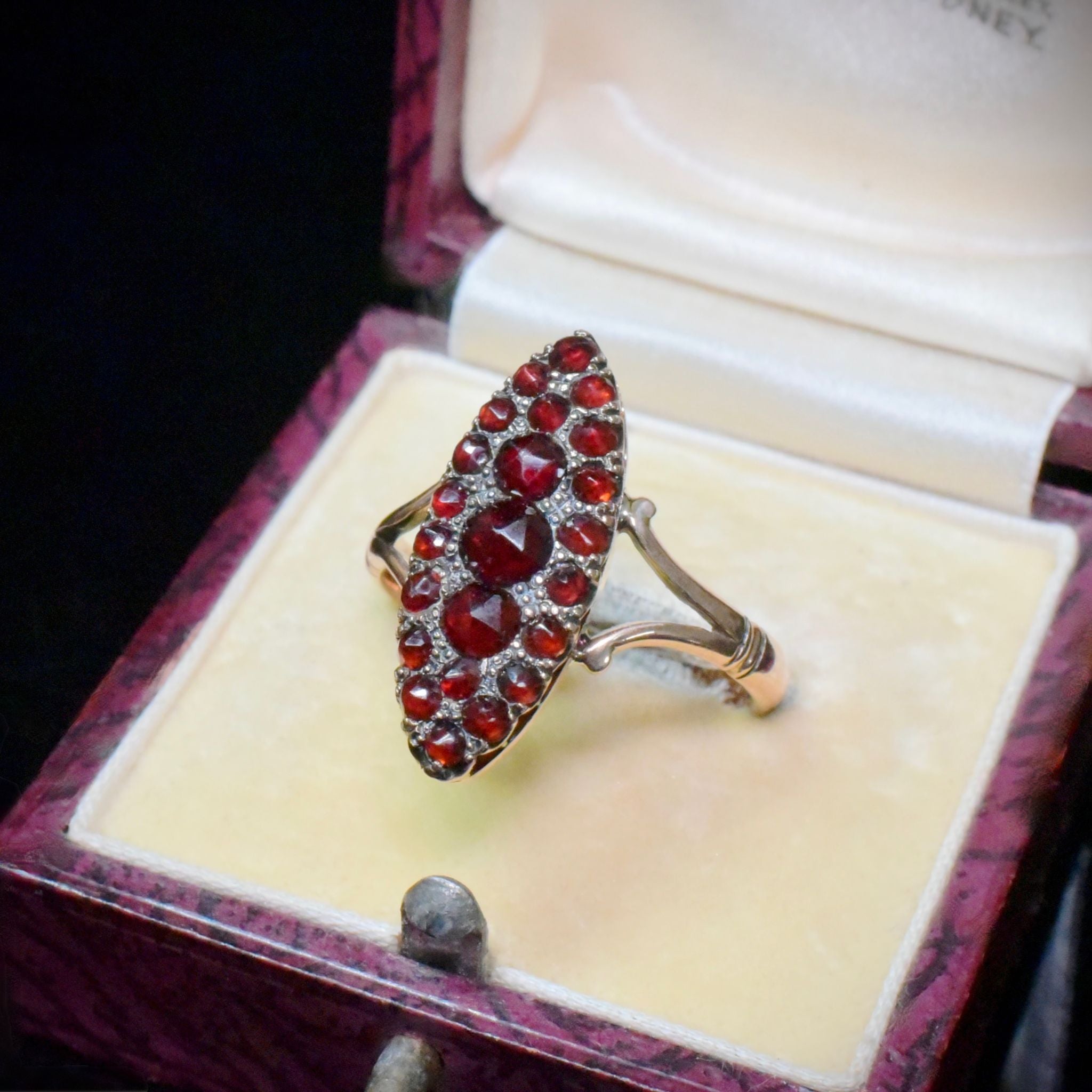 Antique 9ct Rose Gold Bohemian Garnet Navette Ring Circa 1900-1910