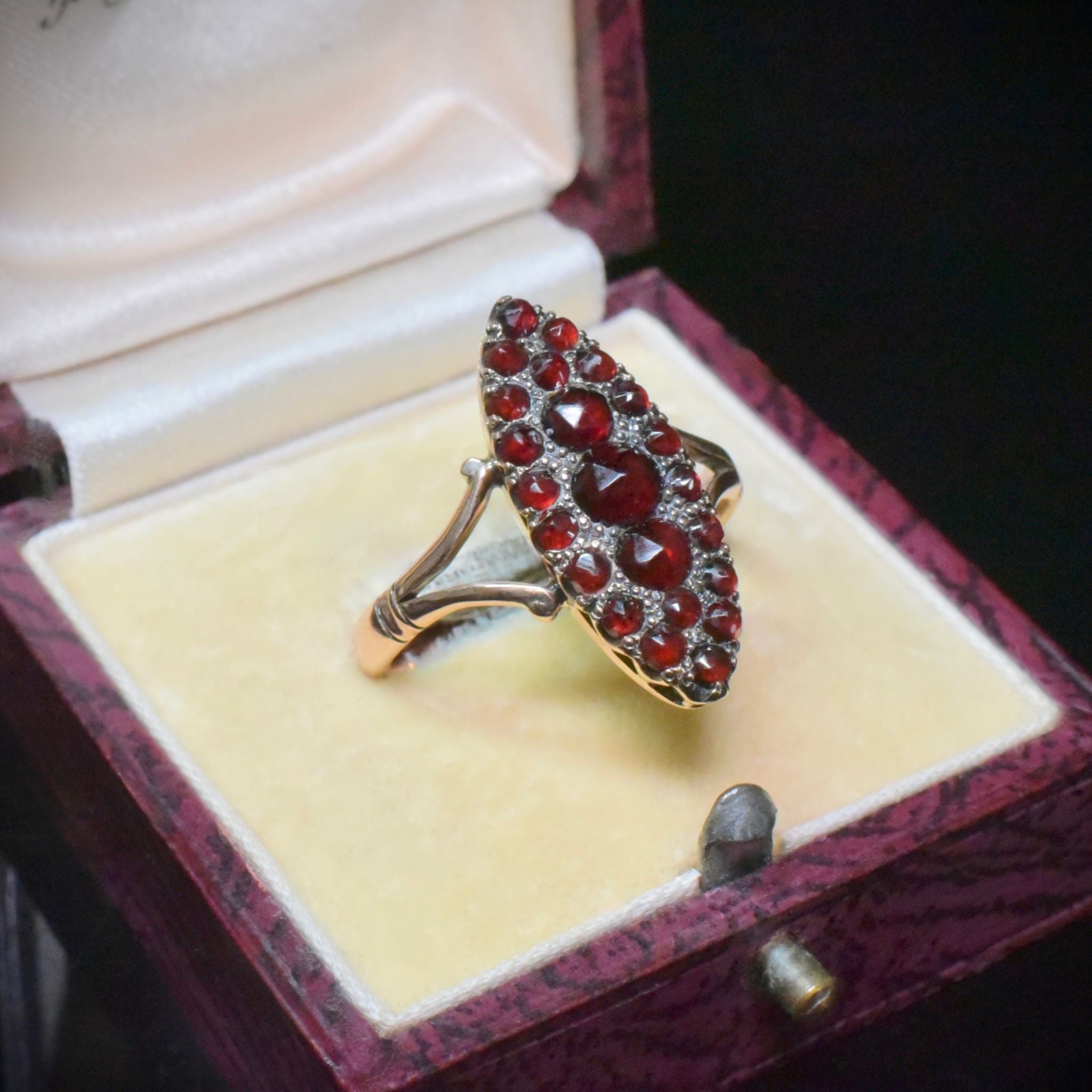 Antique 9ct Rose Gold Bohemian Garnet Navette Ring Circa 1900-1910