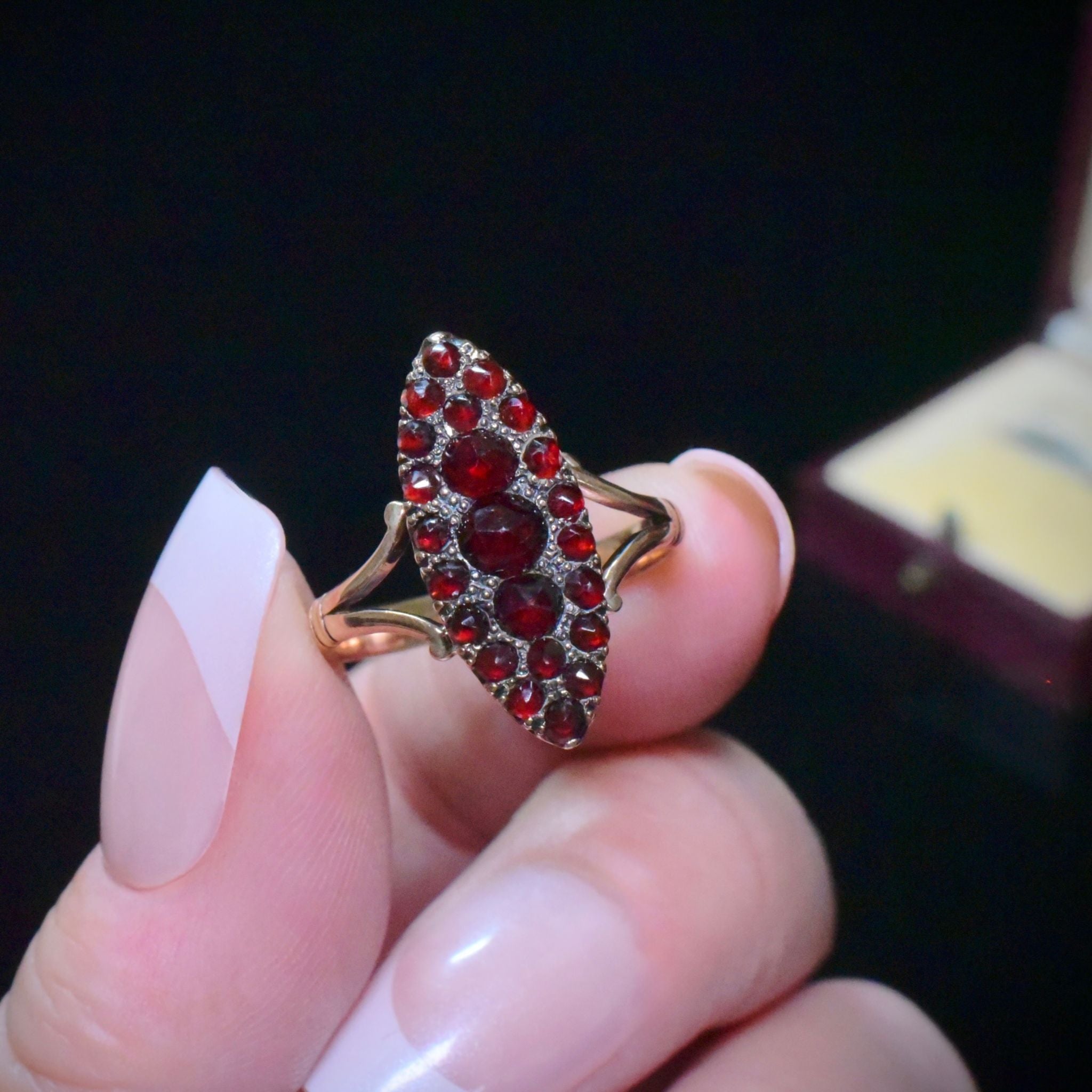 Antique 9ct Rose Gold Bohemian Garnet Navette Ring Circa 1900-1910