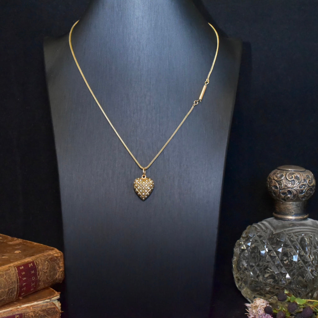 Antique Edwardian Australian 9ct Rose Gold Puffed Heart Pearl Pendant And Original 9ct Gold Chain - Circa 1910-15