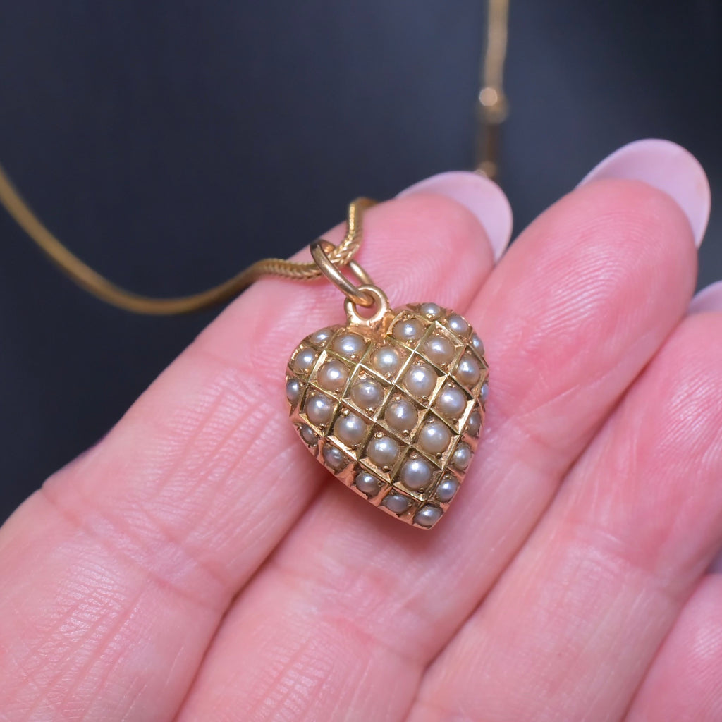 Antique Edwardian Australian 9ct Rose Gold Puffed Heart Pearl Pendant And Original 9ct Gold Chain - Circa 1910-15