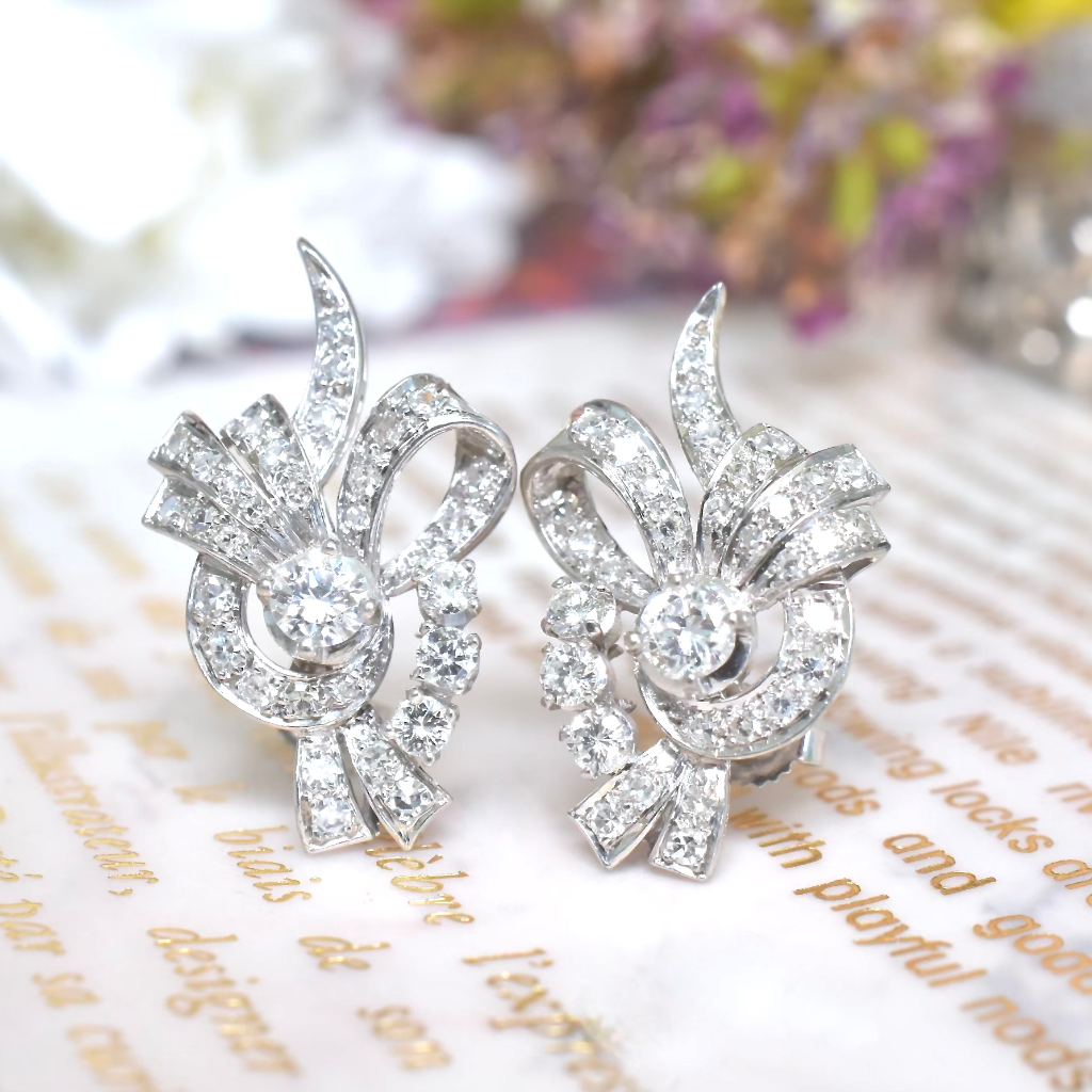 Vintage Retro Style 18ct White Gold Diamond Earrings - G Colour Diamonds / VS Colour Valuation For Retail Replacement  For $10,730 AUD