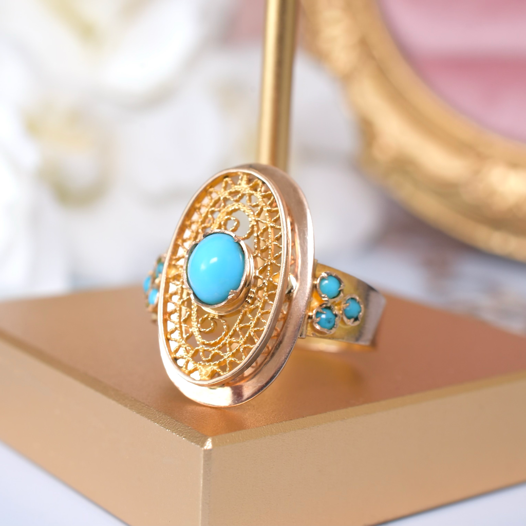 Vintage 18ct Rose Gold Turquoise Filigree Ring