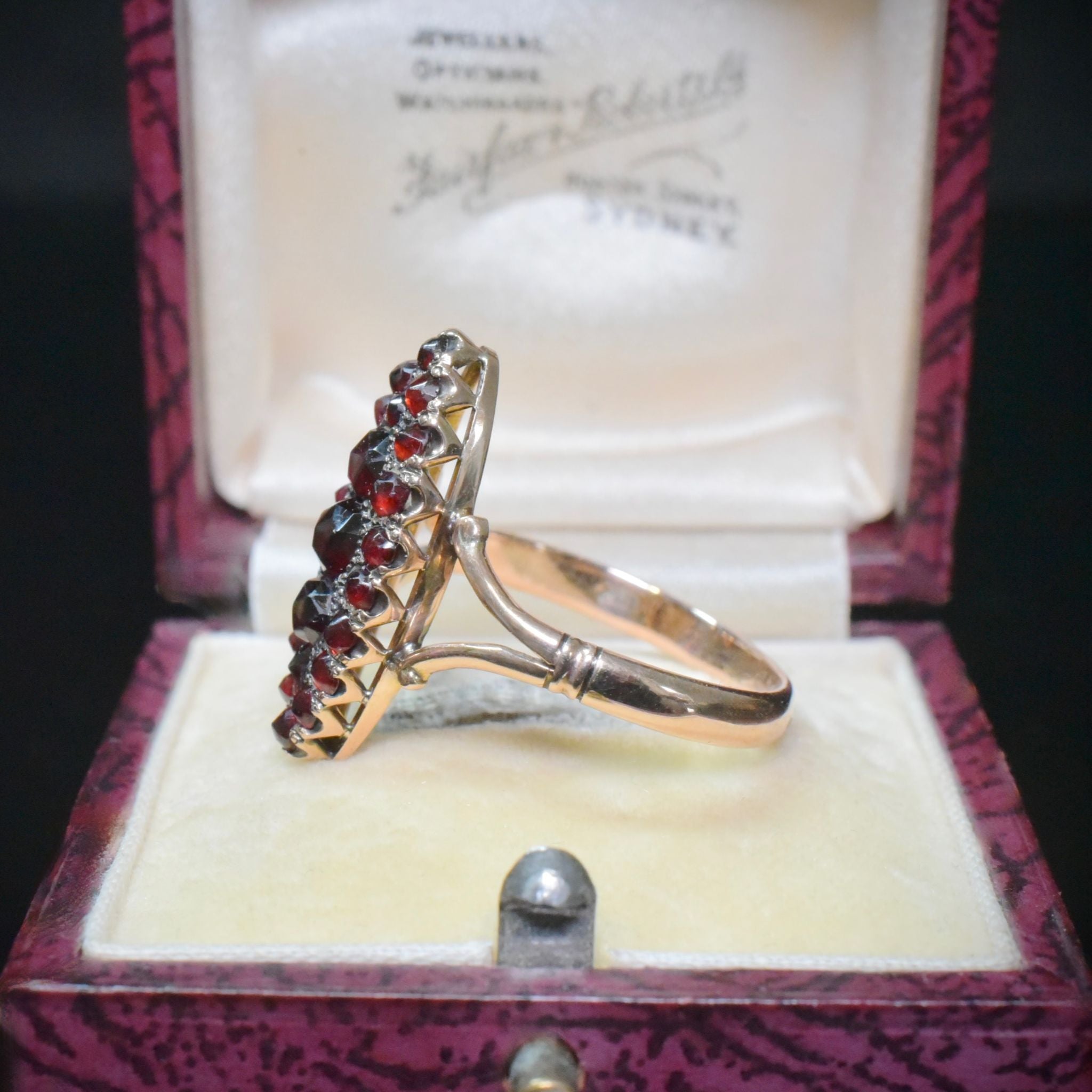 Antique 9ct Rose Gold Bohemian Garnet Navette Ring Circa 1900-1910