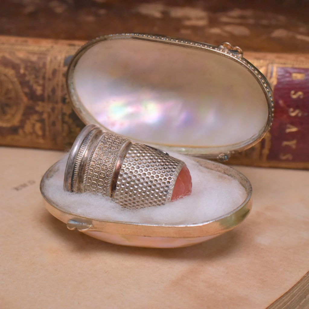 Antique Mother Of Pearl Thimble Case With Silver Thimble Circa 1900