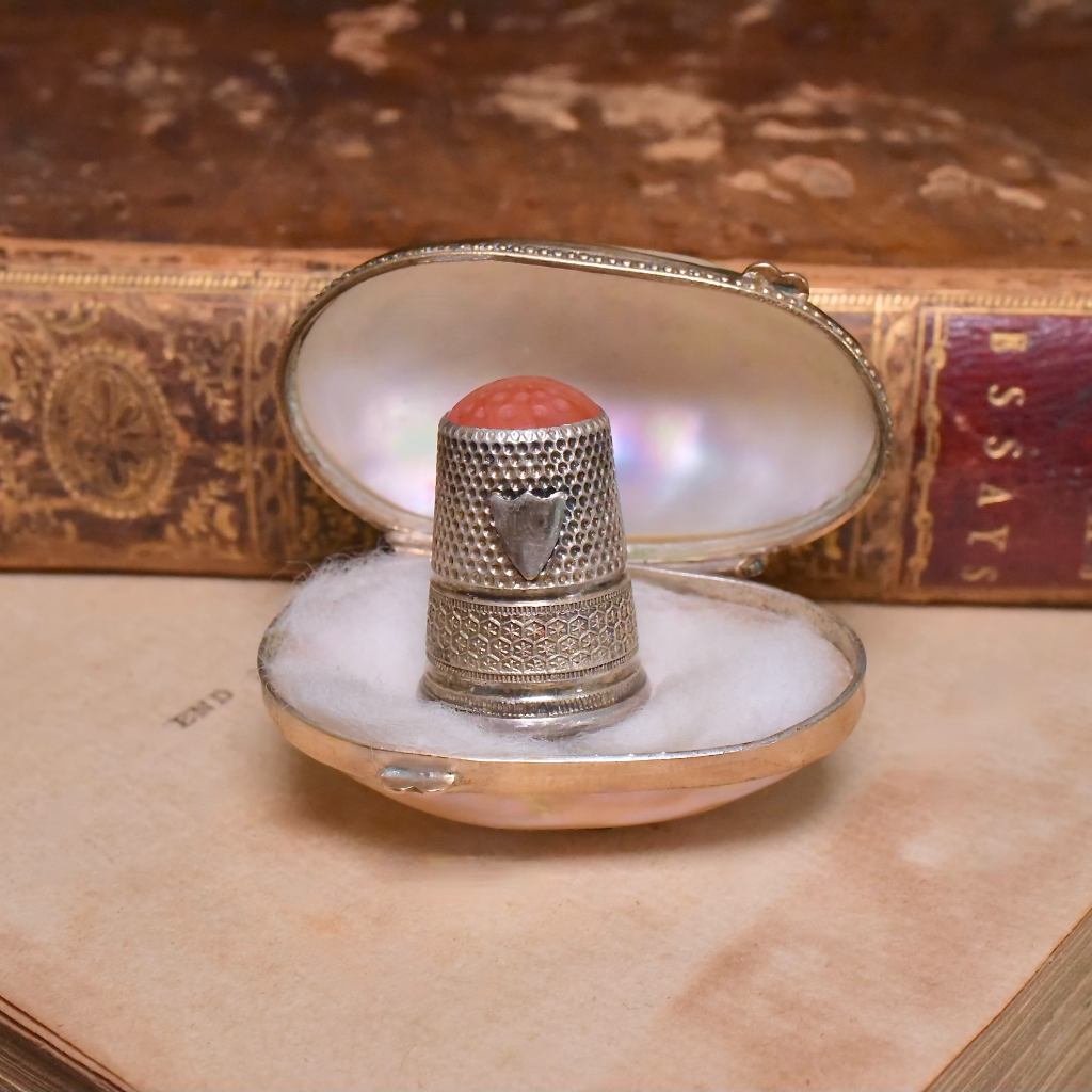 Antique Mother Of Pearl Thimble Case With Silver Thimble Circa 1900