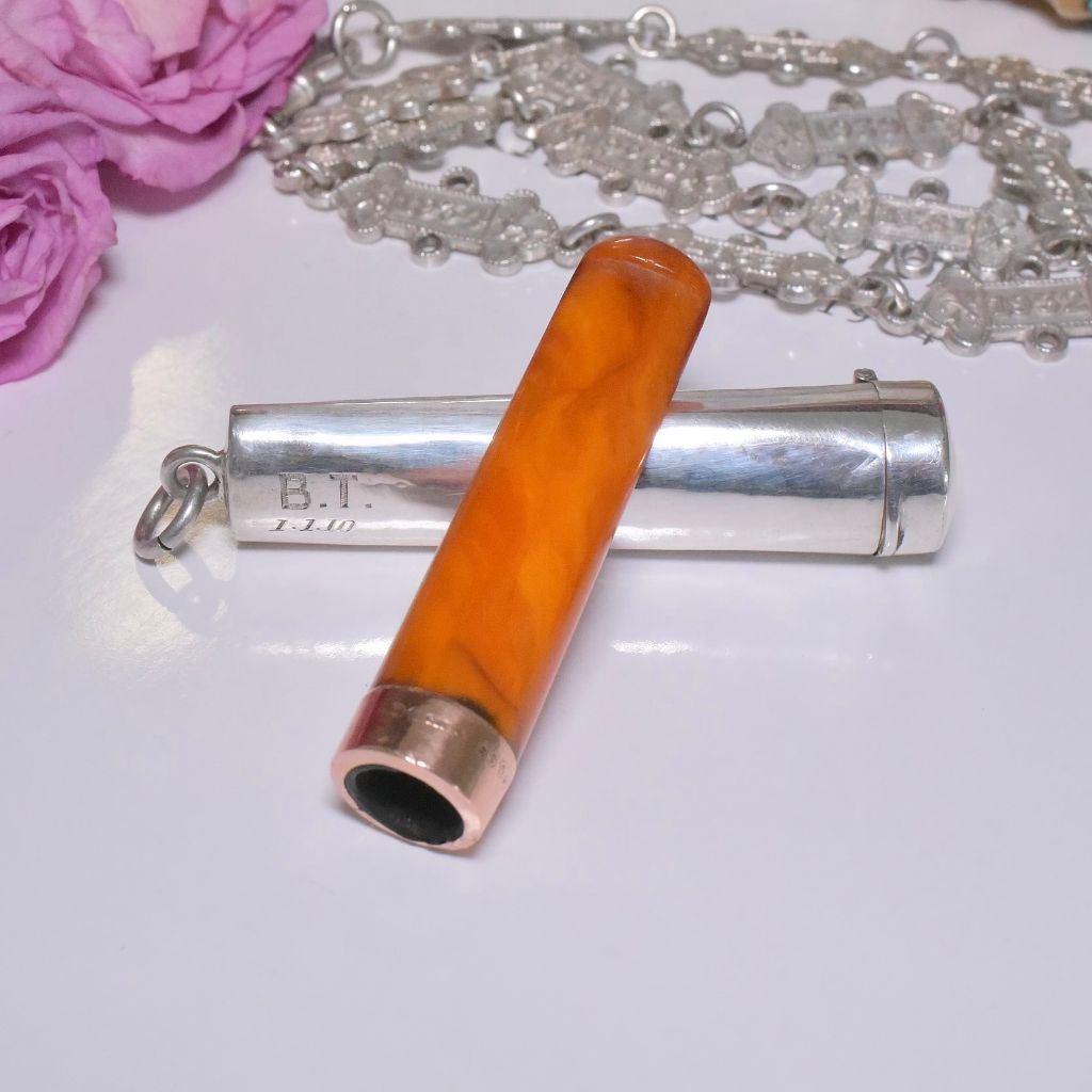 Antique Edwardian Sterling Silver And 9ct Gold Amber Cheroot Case And Holder - 1908