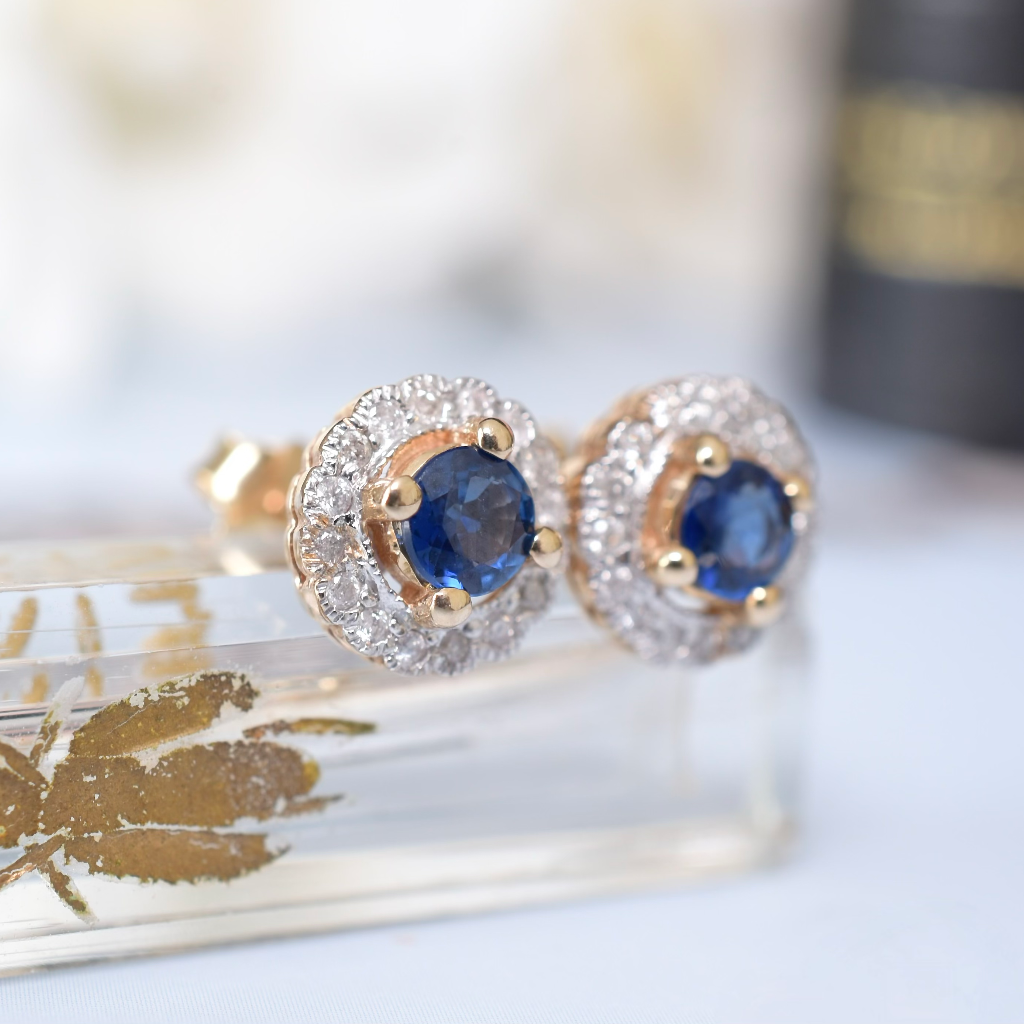 Contemporary 9ct Yellow Gold Sapphire And Diamond Halo Earrings