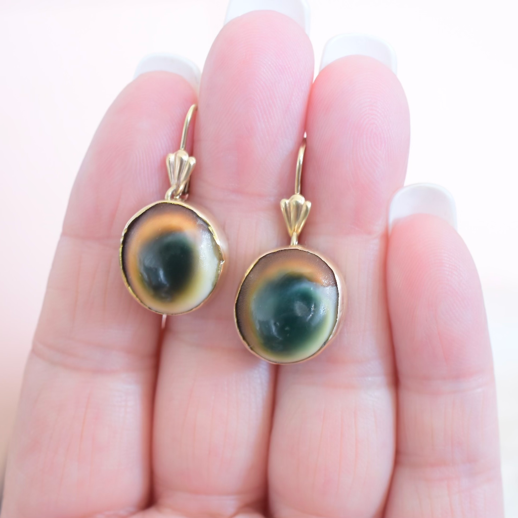 Antique 9ct Rose Gold Operculum Drop Earrings - 1916