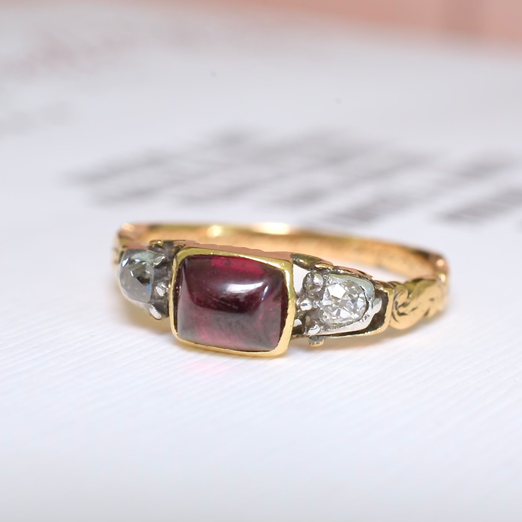 18th Century Georgian Rococo 20ct Gold Garnet And Diamond Ring - Inscribed for 1742
