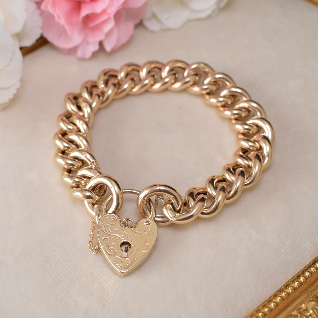 Contemporary 9ct Yellow Gold Chunky Curblink Heart Padlock Bracelet