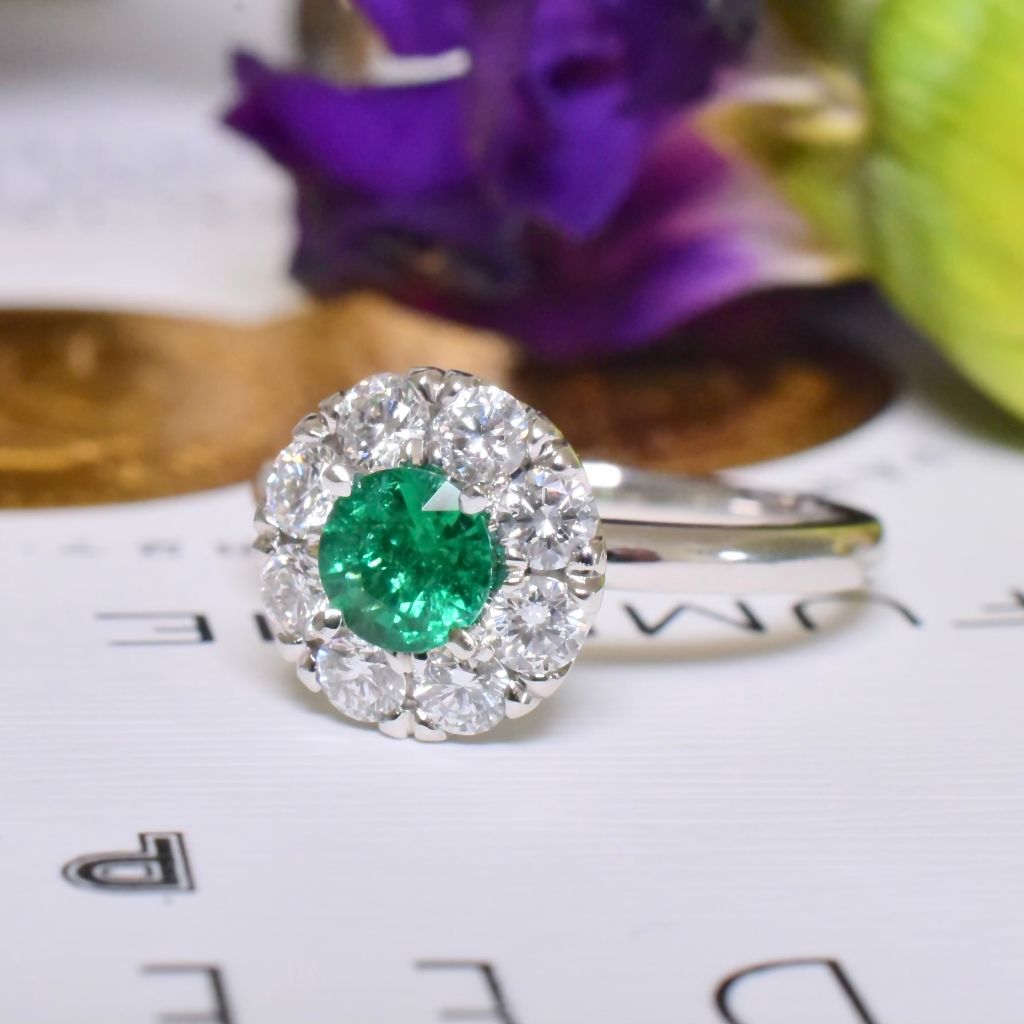 Superb Australian Solid Platinum Emerald And Diamond Halo Daisy Ring By Paul Bram - Melbourne