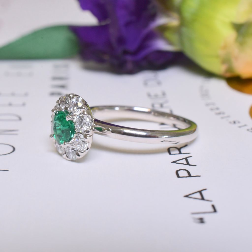 Superb Australian Solid Platinum Emerald And Diamond Halo Daisy Ring By Paul Bram - Melbourne