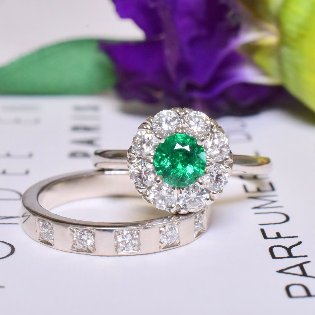 Superb Australian Solid Platinum Emerald And Diamond Halo Daisy Ring By Paul Bram - Melbourne