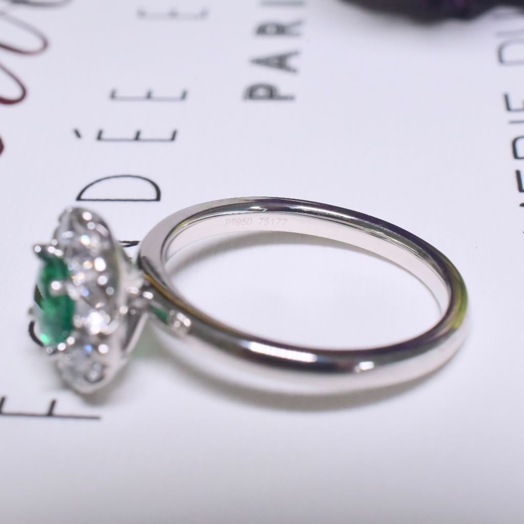 Superb Australian Solid Platinum Emerald And Diamond Halo Daisy Ring By Paul Bram - Melbourne