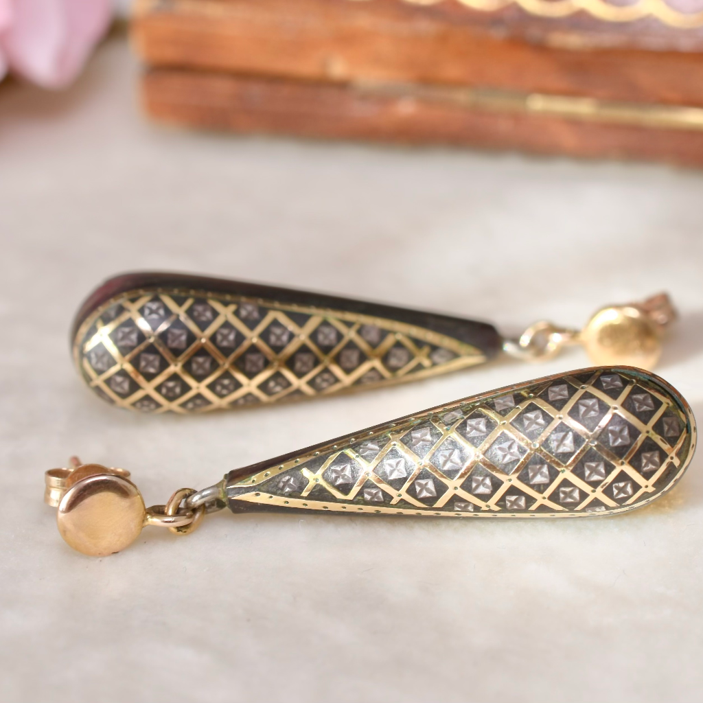 Antique Victorian 9ct Gold ‘Pique’ Tortoiseshell Torpedo Earrings Circa 1870-80’s