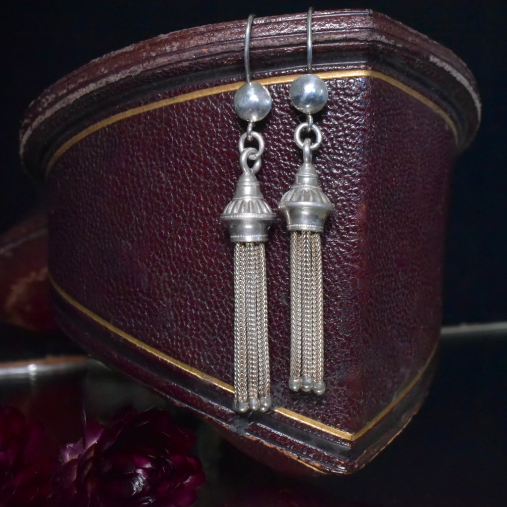 Antique Victorian Continental Silver Long Drop Tassel Earrings Circa 1890