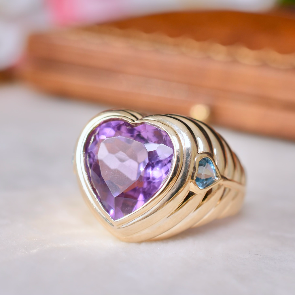 Modern 14ct Yellow Gold Heart-Cut Amethyst and Topaz Ring