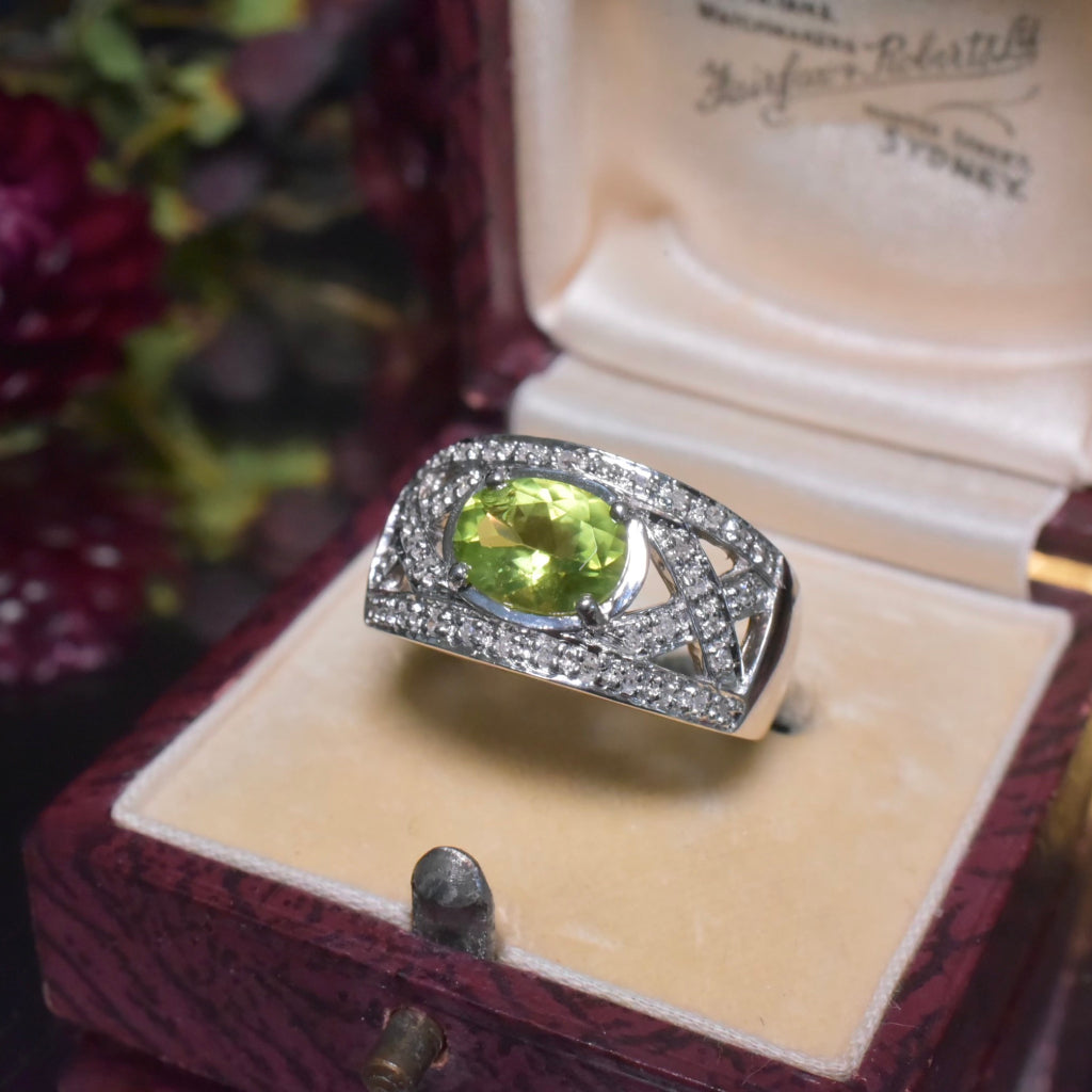 Contemporary 9ct White Gold Peridot And Diamond Ring