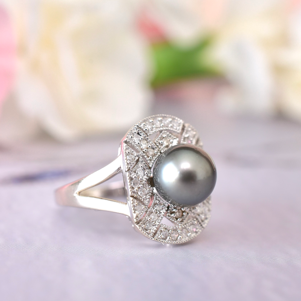 Modern 14ct White Gold Tahitian Pearl And Diamond Ring