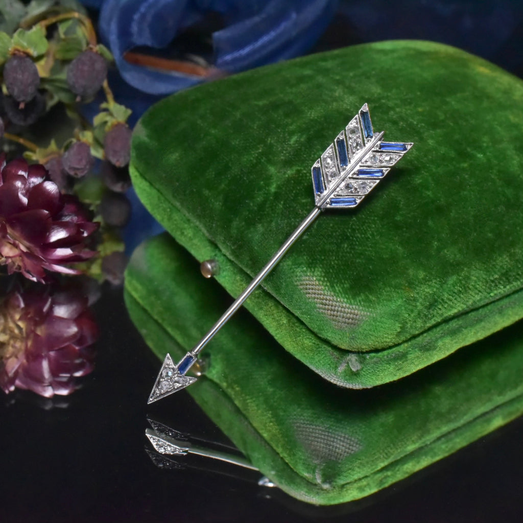 Antique Art Deco 18ct White Gold Diamond And Sapphire ‘Jabot’ Pin Circa 1920’s