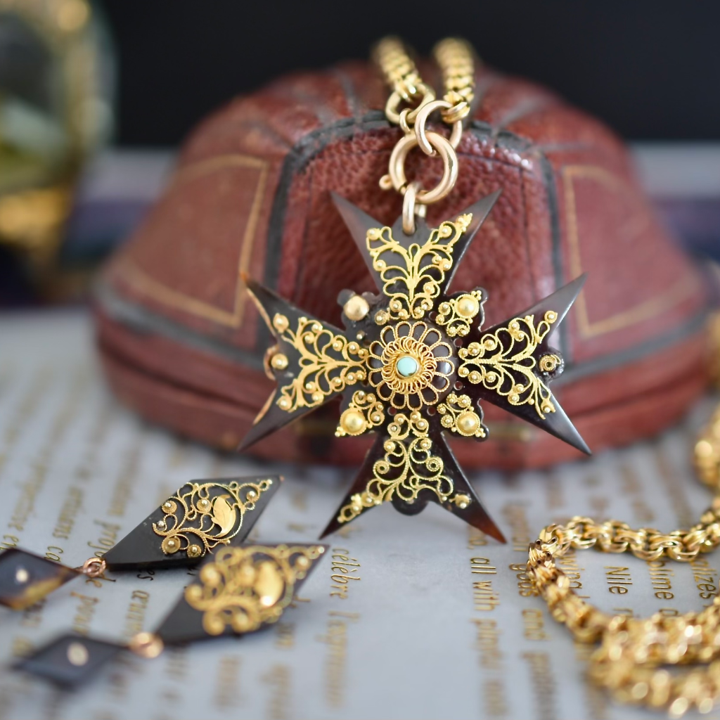 Antique Georgian Tortoiseshell Turquoise 14ct Gold Maltese Cross And Earrings Circa 1825