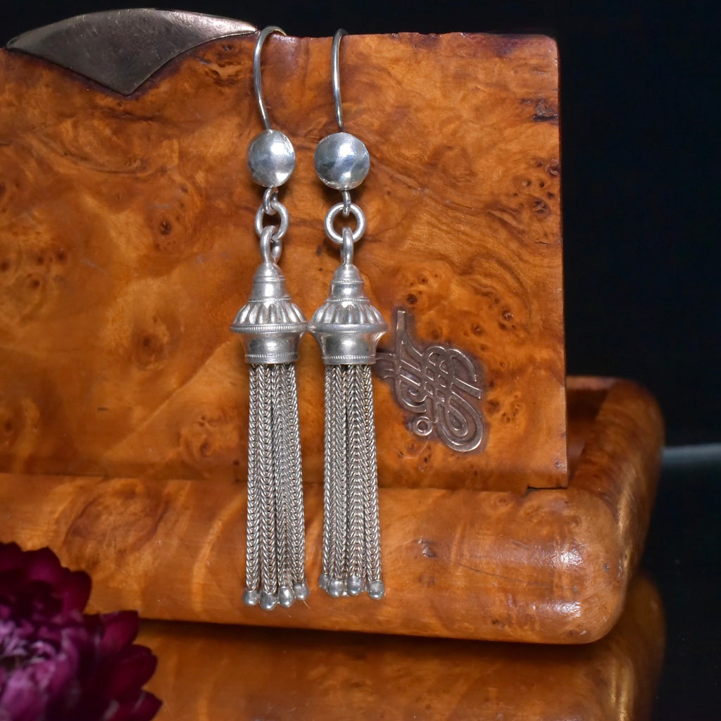 Antique Victorian Continental Silver Long Drop Tassel Earrings Circa 1890