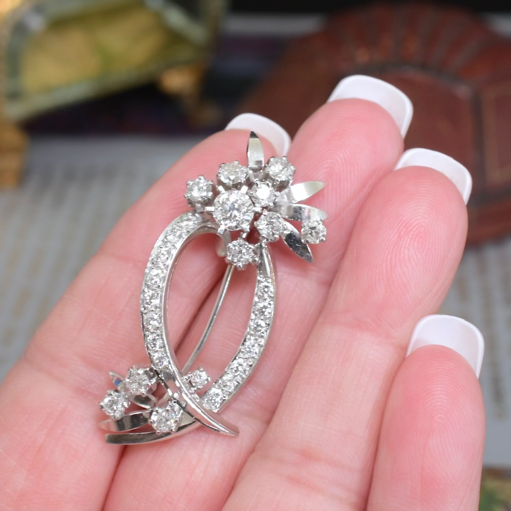 Vintage Retro Era 18ct White Gold Diamond Floral Spray Brooch - 2.37ct Diamonds Valuation For Retail Replacement  For $10,590 AUD